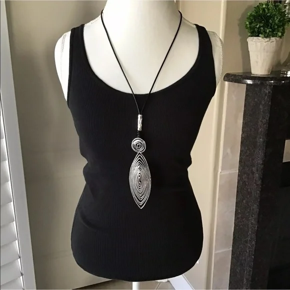 Tribal Shield Pendant Statement Necklace Silver Tone Wire 30” Black Wax Cord NEW - Picture 1 of 9